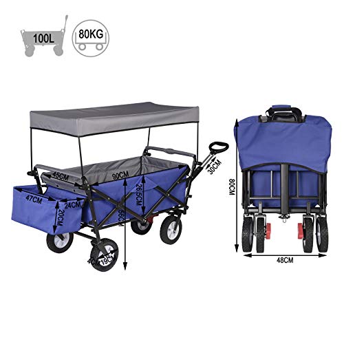 Woltu Transportwagen Opvouwbaar - Stevig Stalen Frame Blauw - 80 kg Draagvermogen, Met Rem en Afneembare Zonneklep - 4 Zwenkwielen 100x50x90 cm