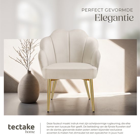 tectake® Cocktailstoel - Gestoffeerd met fluwelen bekleding - Zachte vulling - Gewelfde rugleuning - Stalen poten met poedercoating - Crème/Goud