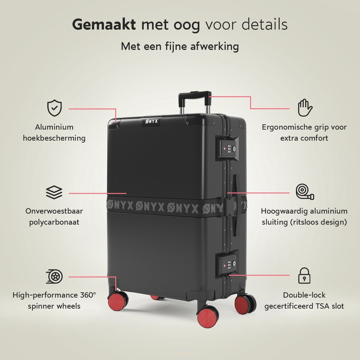 ONYX Check-in Koffer 65L - TSA slot - Spinner wielen - Lichtgewicht Trolley - Aluminium sluiting - Zwart