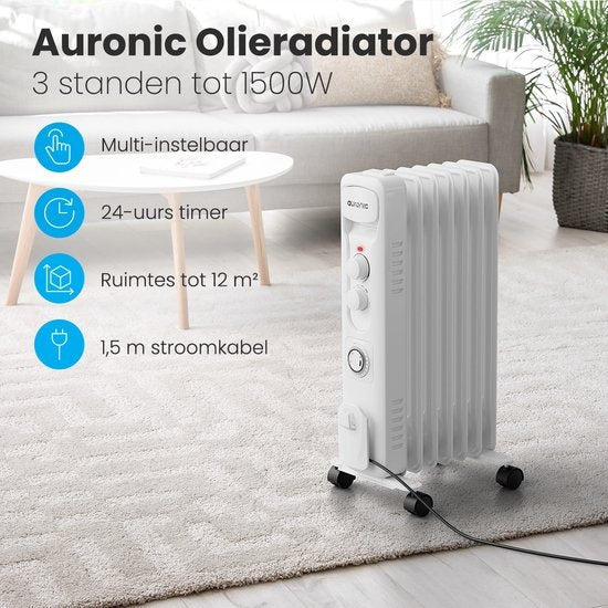 Auronic Olieradiator - Elektrische kachel - Thermostaat - Timer - 3 Standen - tot 1500W Heater - Wit