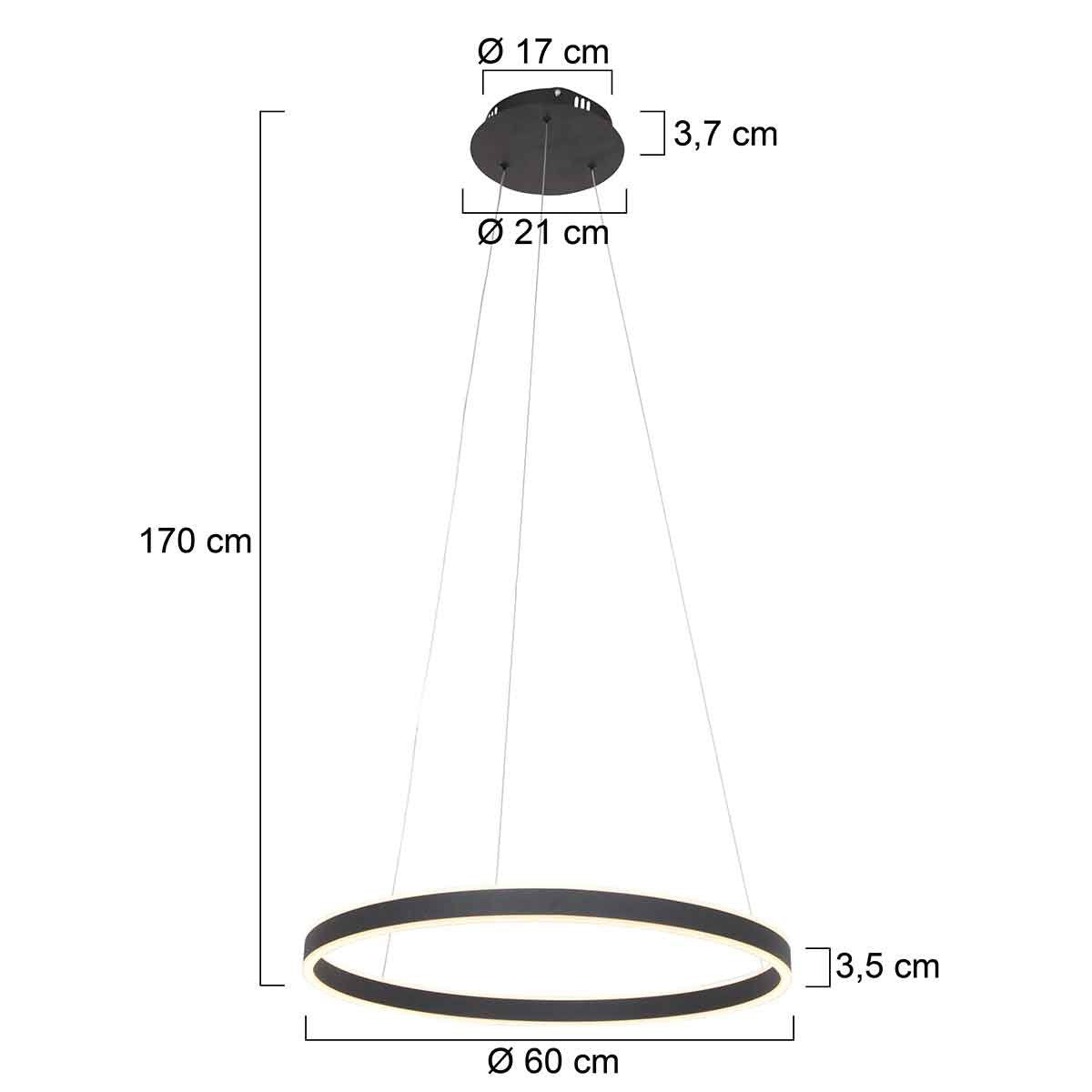 Hanglamp Ringlux 3502ZW Zwart 60cm Design Metaal Steinhauer - Hoogte instelbaar, ideaal voor binnengebruik