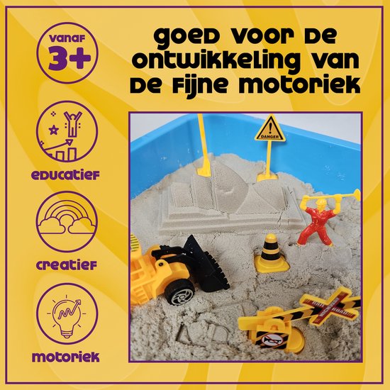 KidzKraze® Bouwwereld Speelzand – 1,6 kg bruin kleefzand voor binnen – Met Vormpjes en Speelgoed – Inclusief speel en opbergkoffer – Sensorisch – Speelgoed – zand bak starter set voor kinderen - Het grote speelgoedboek 2025