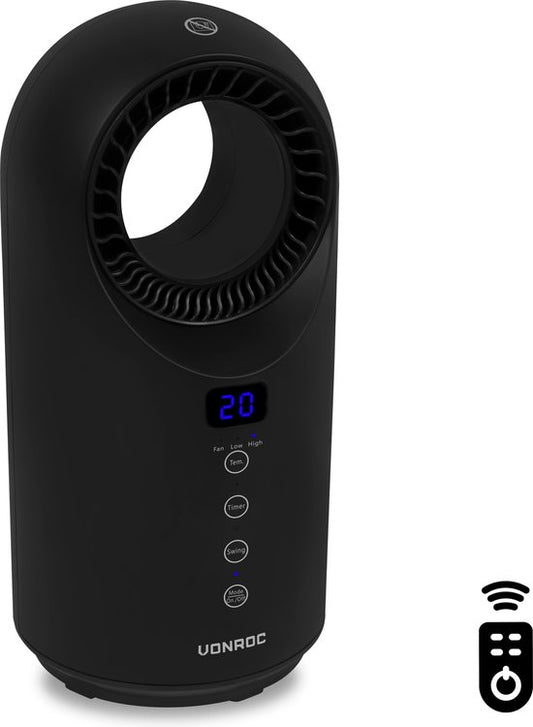 VONROC Elektrische kachel – ventilatorkachel - 1000W/1500W – bladeless - Keramisch - 3 Standen – Incl. afstandsbediening - zwenkfunctie - thermostaat en timer – 15m2 – zwart