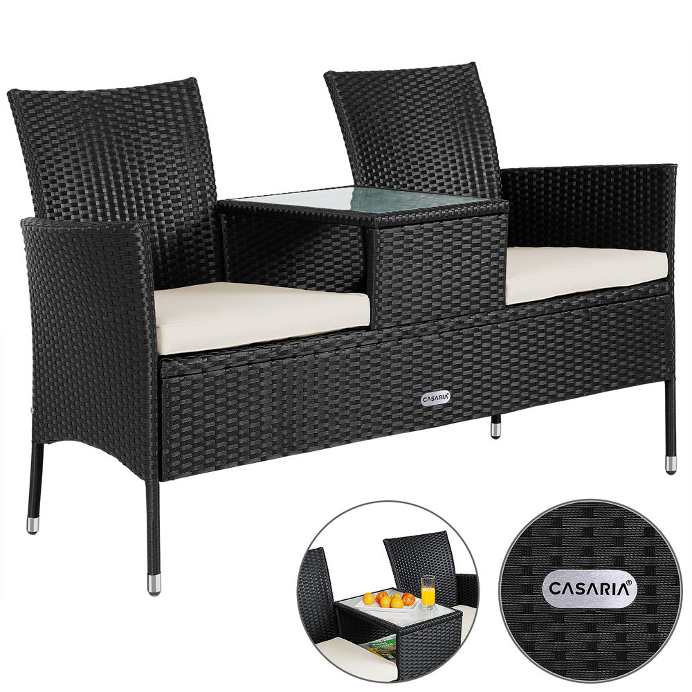 Casaria Polyrattan Tuinbank - Incl. Kussen Tafel 143x55x88 cm Zwart