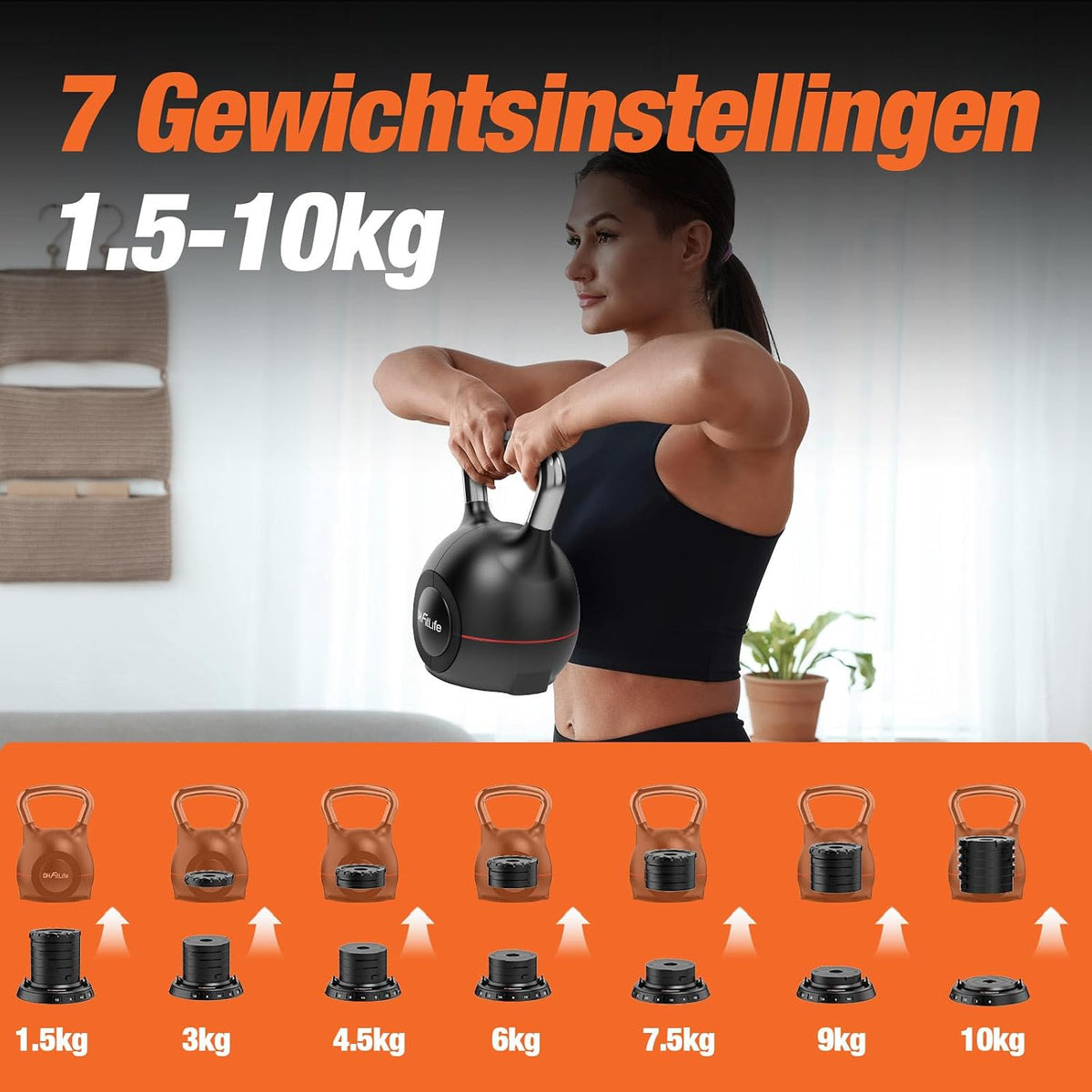 DH FitLife Verstelbare Kettlebell 7-in-1 - 1,5 tot 10 kg - 7 Gewichtsstanden - 20 x 20 x 30 cm - Zwart