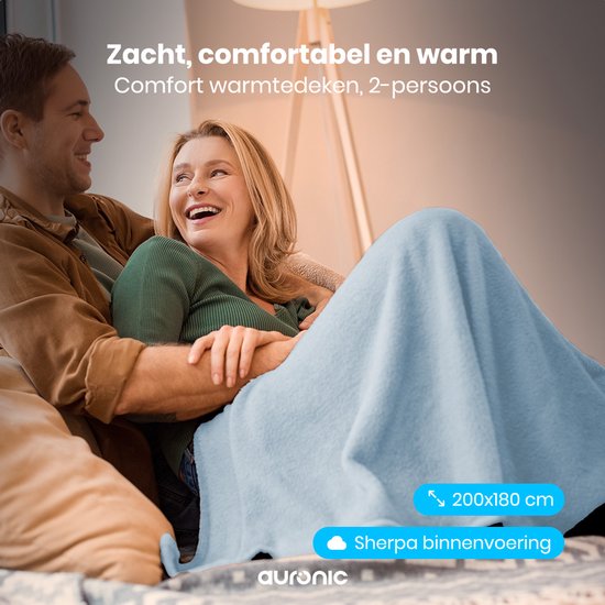 Auronic Elektrische Deken - 200x180cm - Warmtedeken - 2 Persoons - Sherpa Fleece - 9 Hitte en Timerstanden - Bovendeken - Verwarmingsdeken - Lichtblauw