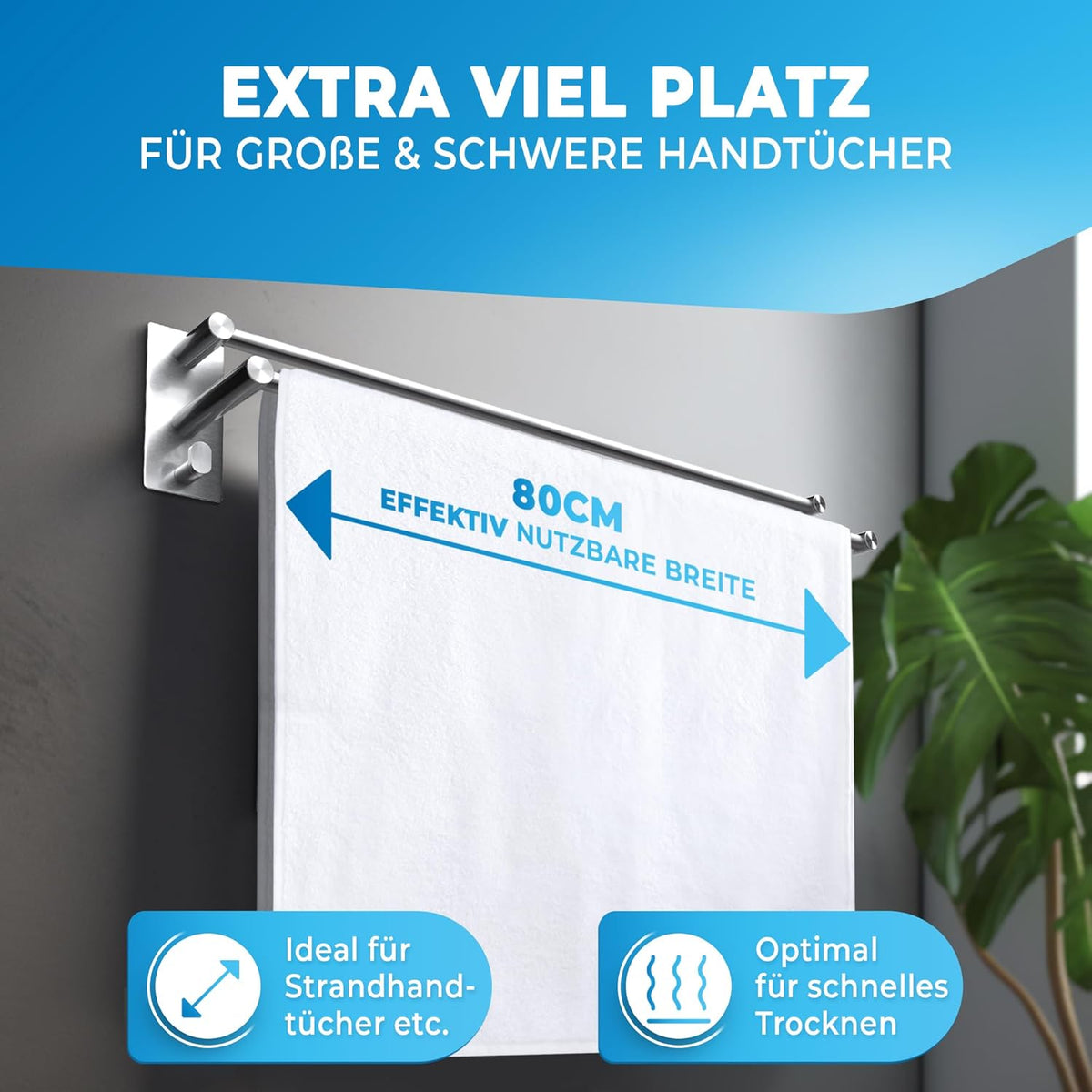 LOBUX® - Handdoekstang zonder boren - 80cm, roestvrij staal - Handdoekstang badkamer dubbel, zelfklevend - Handdoekstang, badhanddoekstang incl. 2 handdoekhaken - voor badkamer, douchewand, keuken