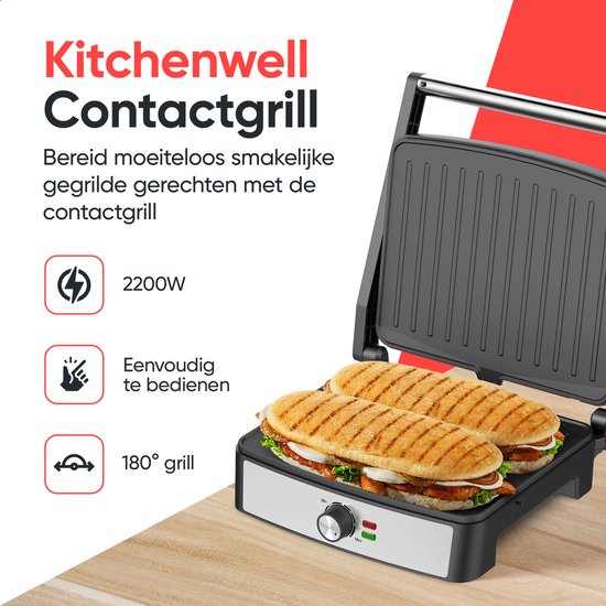 Kitchenwell Contactgrill - Grill apparaat - Tosti apparaat - Anti-aanbaklaag - 3-in-1 -180 °C grill