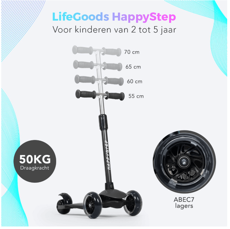 LifeGoods HappyStep - Kinderstep - Step 2-5 Jaar - 3 Lichtgevende Wielen - Zwart
