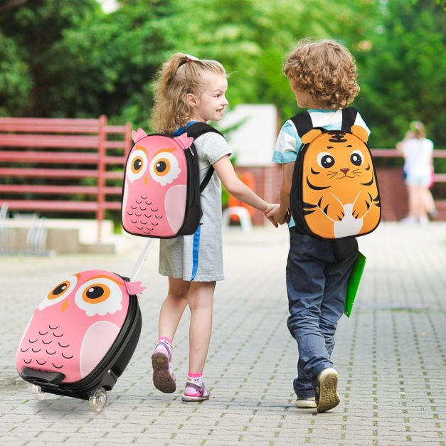 2-Delige Kinderkofferset met 40 cm Kinderkoffer & 30 cm Rugzak Rollende Koffer Reistrolleykofferset voor Kinderen - Roze - Uil