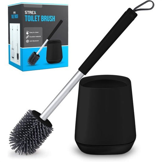 Strex Toilettenbürste Silikon mit Halter Schwarz – Schnelltrocknend, hygienisch & antibakteriell wirkend – WC-Bürste – Toilettenbürstenhalter