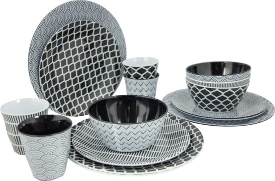 Bo-Camp - Servies - Mix & Match - 16 Stuks - Zwart/Wit