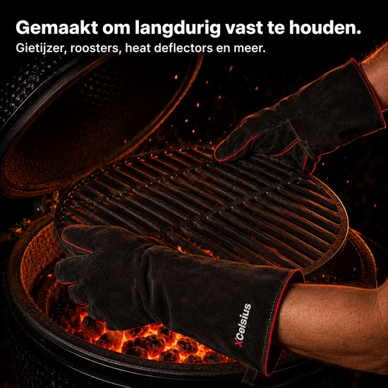 XCelsius® BBQ Handschoenen Splitleer – TÜV Gecertificeerd EN407 – Hittebestendige Barbecue Handschoenen en Ovenhandschoenen – Voor Kamado, Gietijzer, Roosters en Heat Deflectors – Cadeaus voor Mannen – 1 Paar – Zwart met Rood