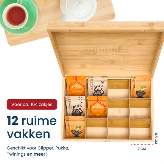 Grandlux Theedoos 12 Vaks – Ruime Vakken voor Pickwick, Pukka, Twinings, Clipper – 100% Bamboe – Thee Organizer