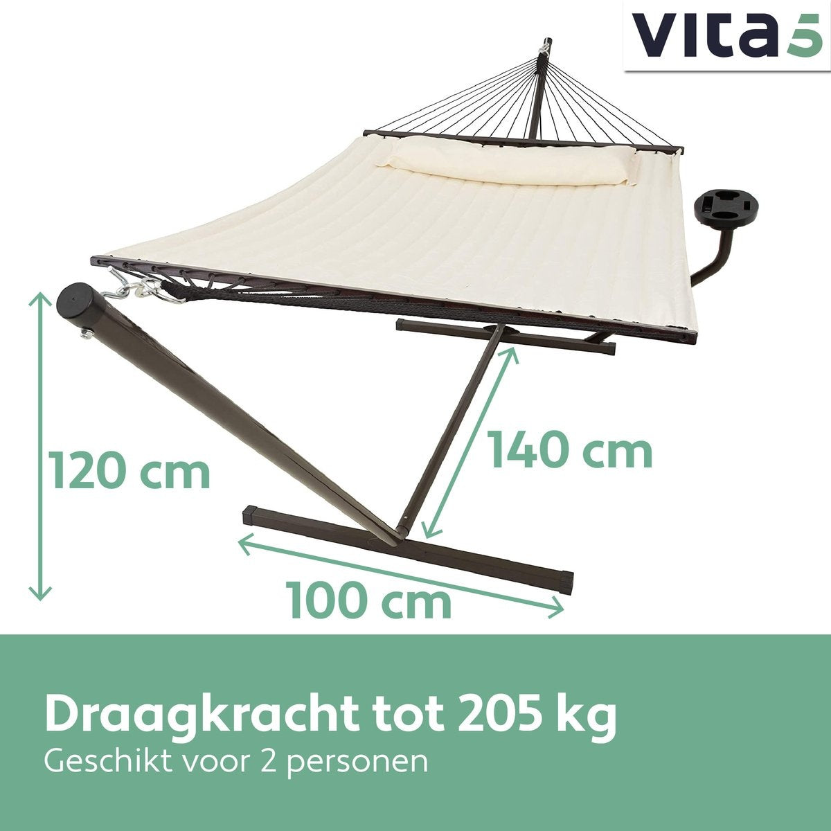 Vita5 Hangmat met Standaard en Spreidstok – 2 Persoons, Incl. Bekerhouder  – max. 200 kg – 350 x 120 x 140 cm – Beige