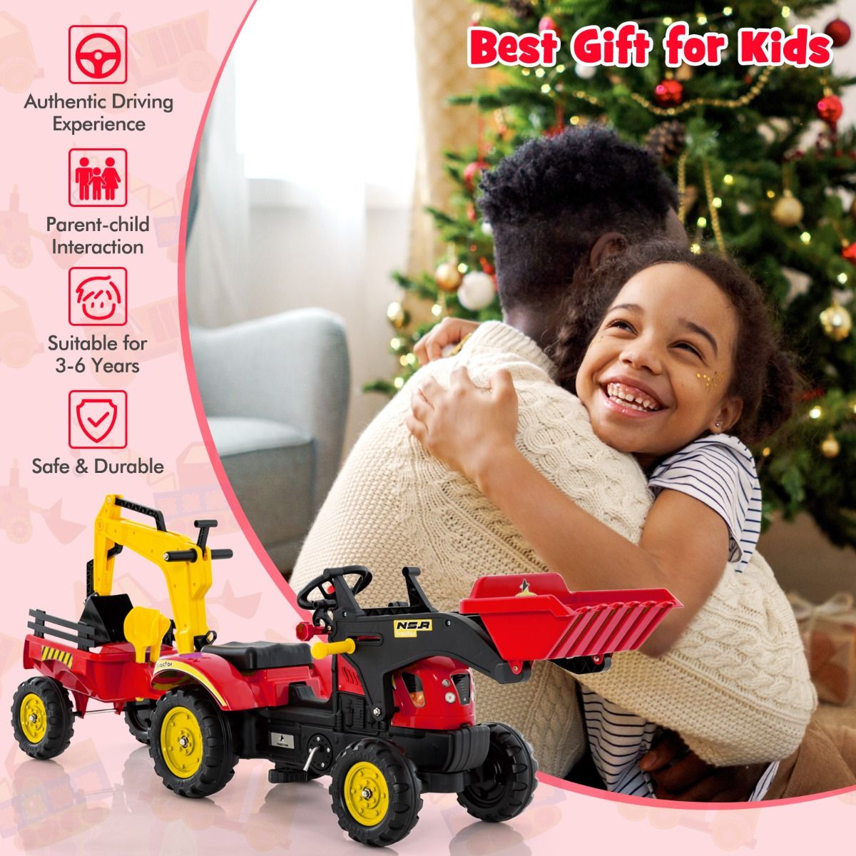 Coast Kinderzittractor - 3-in-1 graafmachine met afneembare aanhanger - 6 wielen - rood