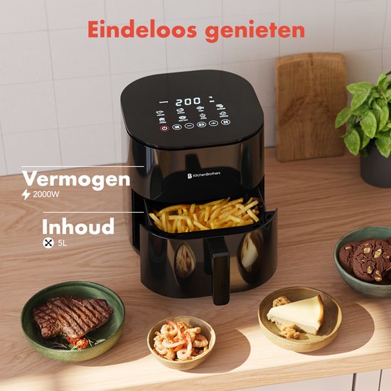 KitchenBrothers Airfryer XL - 5L - 2000W - Heteluchtfriteuse - Dual Heating - 80ºC tot 200ºC - 8 Kookprogramma's - Zwart
