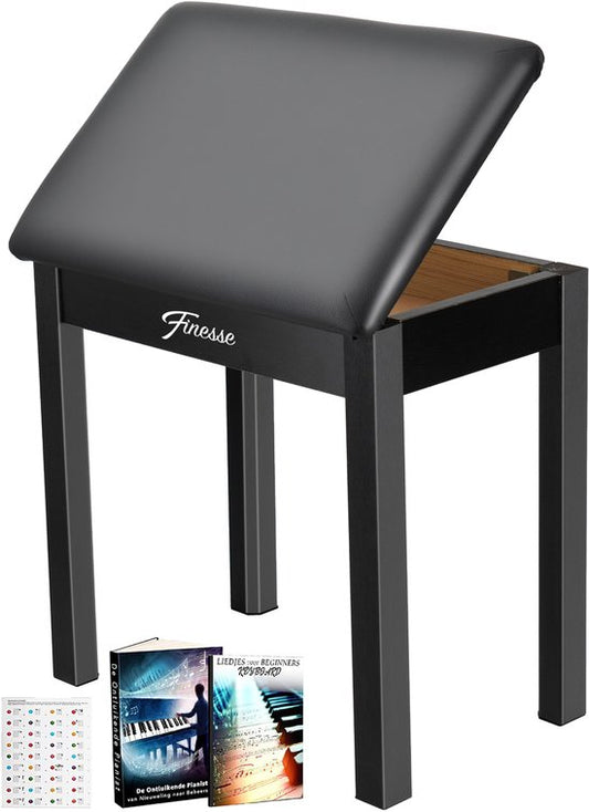 Finesse Pianokruk - met Opbergruimte - Zacht Kussen - Pianobank - Pianostoel - Zwart