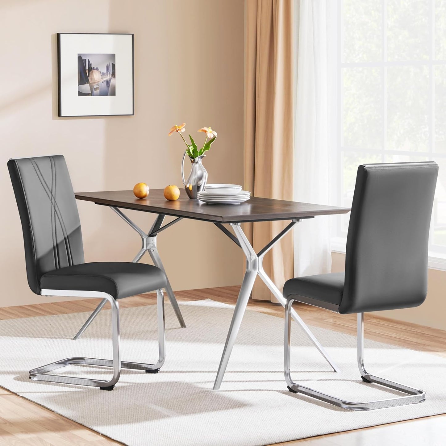 Yaheetech Eetkamerstoelen Set van 2 - Donkergrijs - Kunstleer - 136 kg - Ergonomische Rugleuning - Metalen U-frame