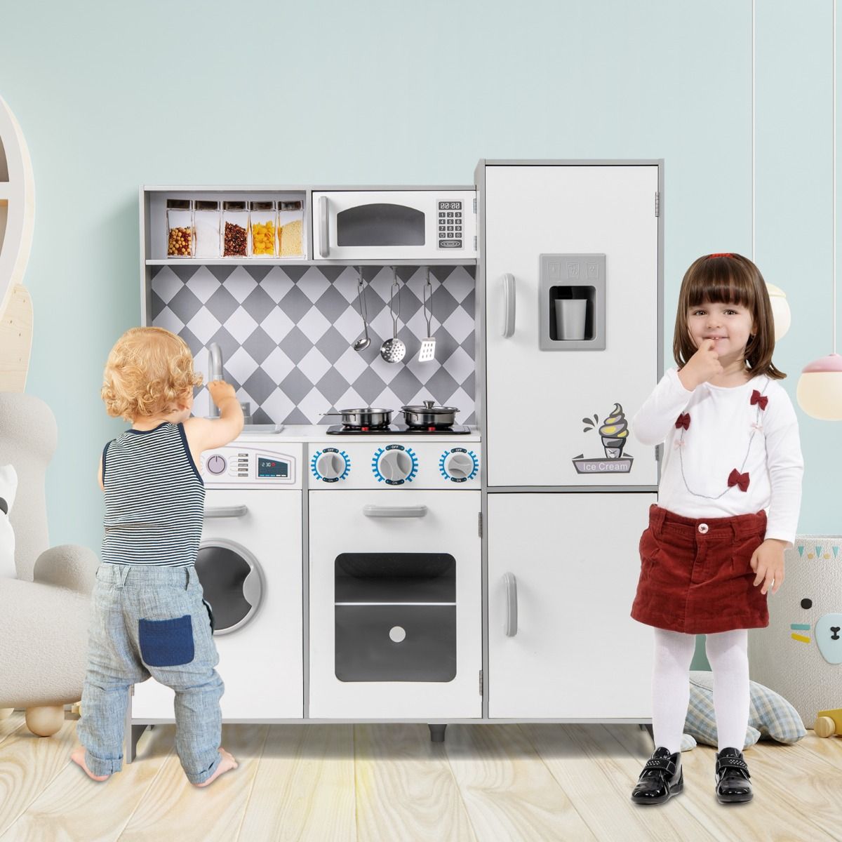 Coast Houten Speelkeuken XXL - Fornuis met Licht & Geluid, Ijsmachine, Wasmachine - 91 x 30 x 102 cm - MDF/Kunststof - Wit
