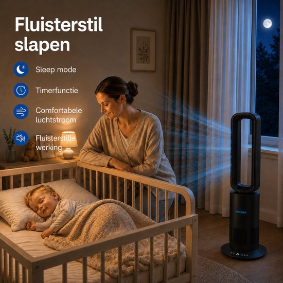 Aironex Bladloze Ventilator Zwart - Energiezuinige Luchtkoeler - Aircooler met Draaifunctie - Verwarming en Verkoeling in 1 -Ventilatoren - TafelVentilator -Vloerventilator