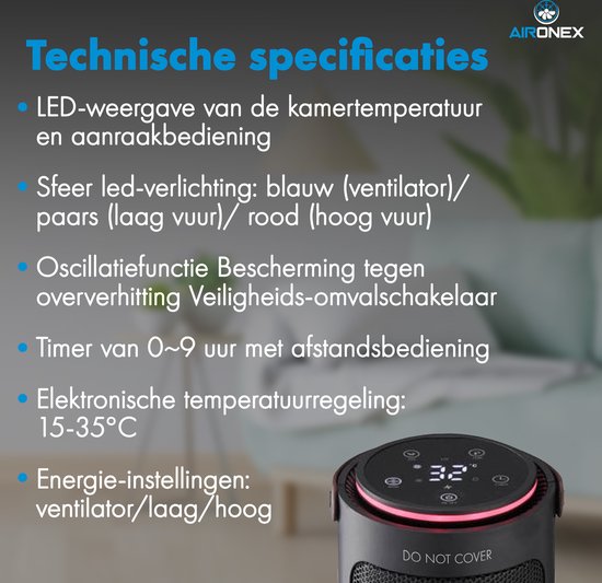 Elektrische Kachel 2000 Watt van Aironex - Keramische Zwarte Kachelventilator - Kachel Electrisch - Verwarming Elektrisch - Heater - Ventilatorkachel met afstandsbediening en timerfunctie
