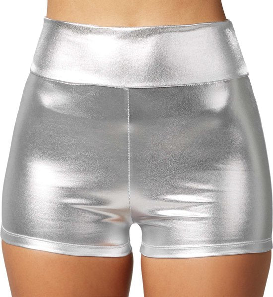 Dressforfun Metallic hotpants zilver S - verkleedkleding kostuum halloween verkleden feestkleding carnavalskleding carnaval feestkledij partykleding - 303572
