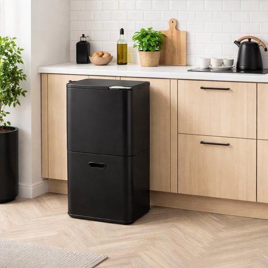 Bayt Prullenbak 60 Liter - Vuilnisbak 60 Liter - Prullenbak Afvalscheiding - 2 Compartimenten - RVS - Zwart