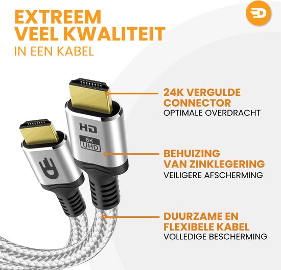 HDMI Kabel 2.1 - Ultra HD High Speed - HDMI naar HDMI - Geschikt voor Xbox Series X & PS5 - 1 meter - Nylon - Zilver Wit