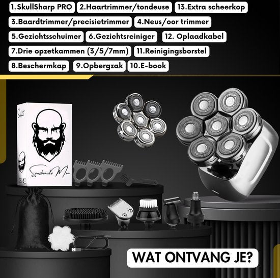 6-in-1 Scheerapparaat Mannen + Extra Scheerkop – Sansbeauté® SkullSharp PRO – Nat & Droog – Draadloos Opladen