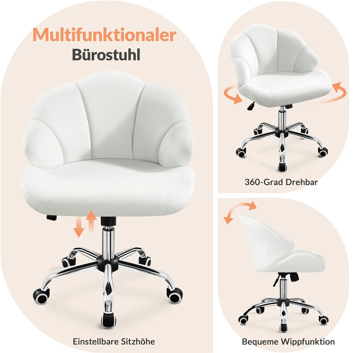 Yaheetech Bureaustoel Schelpvormig – Voorzien Van Schommelfunctie En In Hoogte Verstelbare Gaslift En Gecapitonneerde Rugleuning – Voor Thuiskantoor En Slaapkamer – Wit Polyester En Metaal – 60 x 60 x 76,5-86 cm