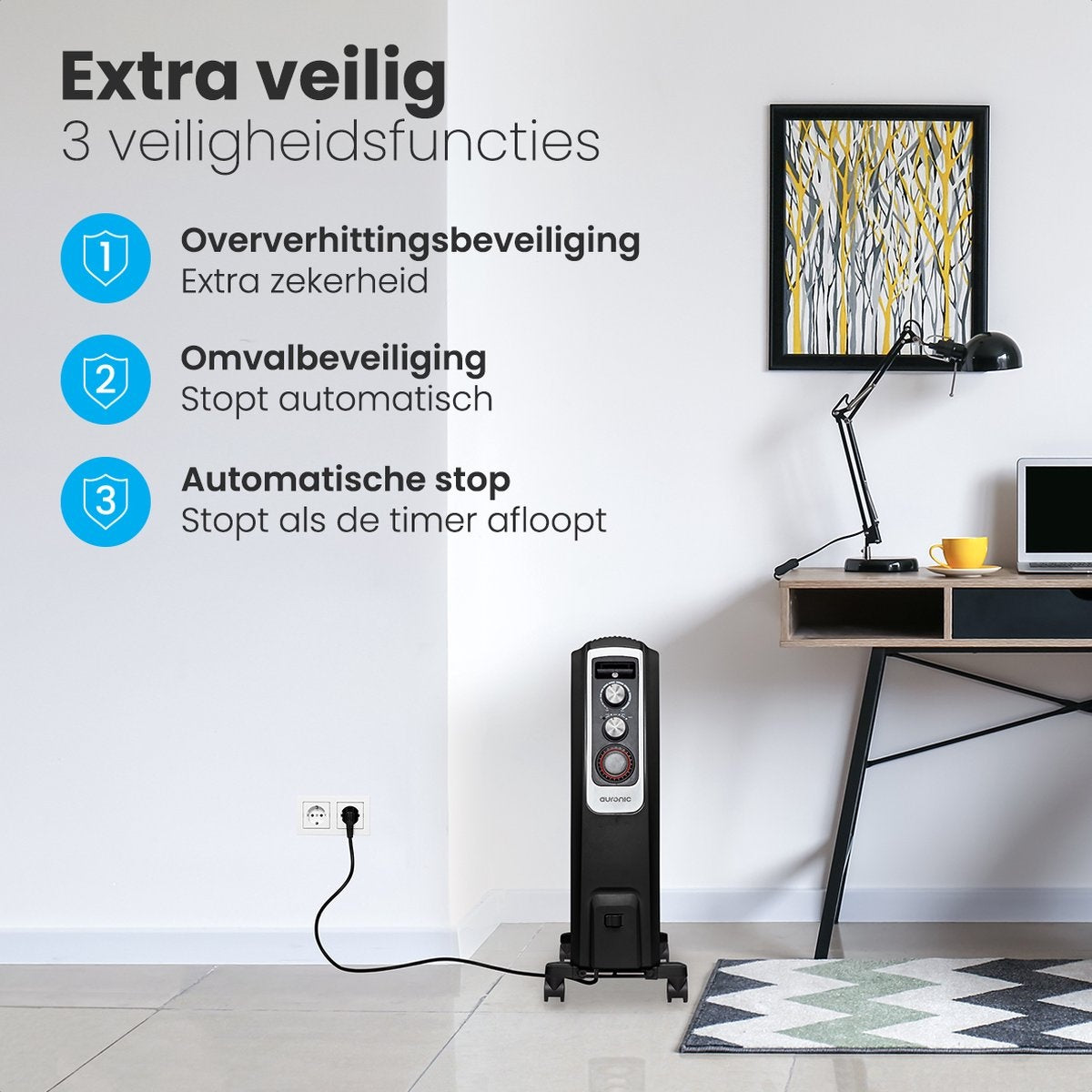 Auronic Elektrische Kachel – Olieradiator Met Thermostaat En Timer – 2000W – Compact En Mobiel – 47,5 x 26 x 67 cm – Zwart
