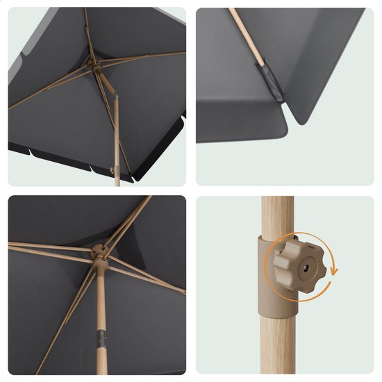 LifeGoods Parasol - Tuin - Balkonparasol - 200x125cm - 30° Kantelbaar - Waterdicht - UPF50+ - Houtkleurige coating - Donkergrijs