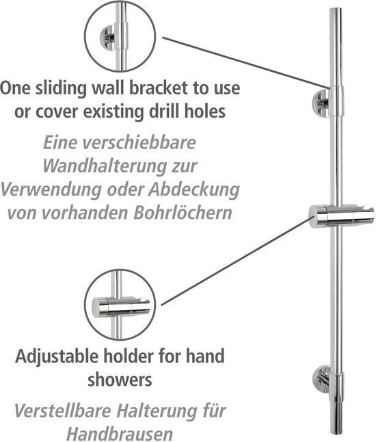 WENKO Douchestang Basic RVS chroom, lengte 66cm, diameter 19mm, met douchekophouder en 2 wandsteunen - Glijstang chroom