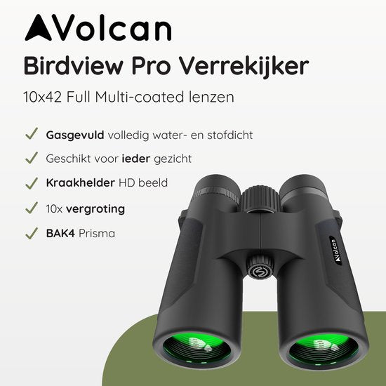 Volcan Waterdichte Verrekijker 10x42 - Voor Volwassene - Gasgevuld - HD - Met Lensdoppen, Draagtas en Nekkoord - Zwart