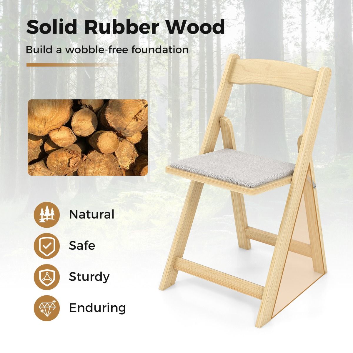 Coast Set van 2 Opvouwbare Eetkamerstoelen – 44x47x77 cm – Natuurkleur – Met Rubberhouten Poten en Gevoerde Zitting