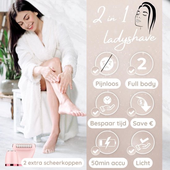 2-in-1 Ladyshave + 2 Extra Scheerkoppen - Gezicht - Oksels - Benen - Bikinilijn - Scheerapparaat Vrouw - Elektrisch Ontharen - Haarverwijderaar Dames - Trimmer Vrouw - Intieme Zone Schaamhaar - Ladyshaves Bikini