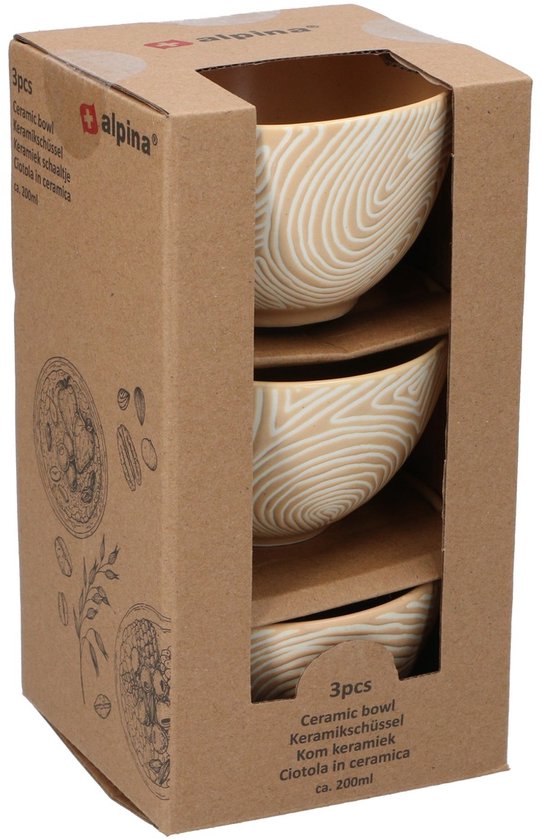 alpina Ceramic Bowl 3-delig - Set van 3 Amuseglaasjes van Keramiek - Inhoud 0,2 Liter per Stuk - Rond - Ideaal voor Ontbijt, Snacks of Desserts - 10,5x10,5x19,5 cm - Lichtbruin - 2 Jaar Garantie