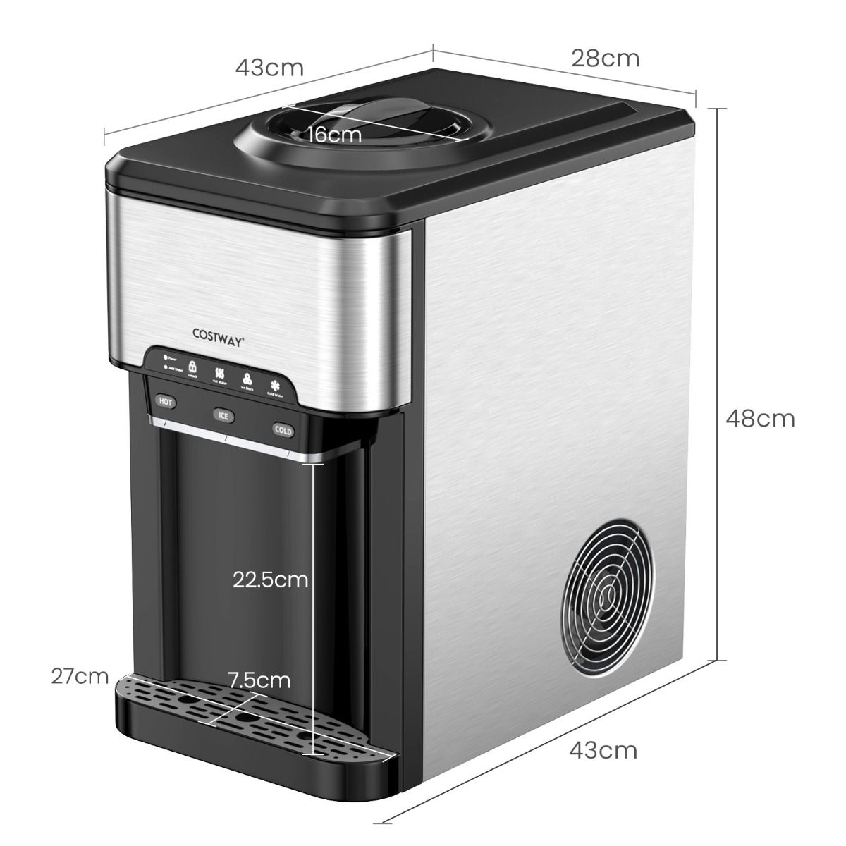 Coast 3-in-1 Waterdispenser met IJsmaker – Aanrechtmodel 28x43x48 cm – Zilver/Zwart – Warm/Koud/IJsfunctie