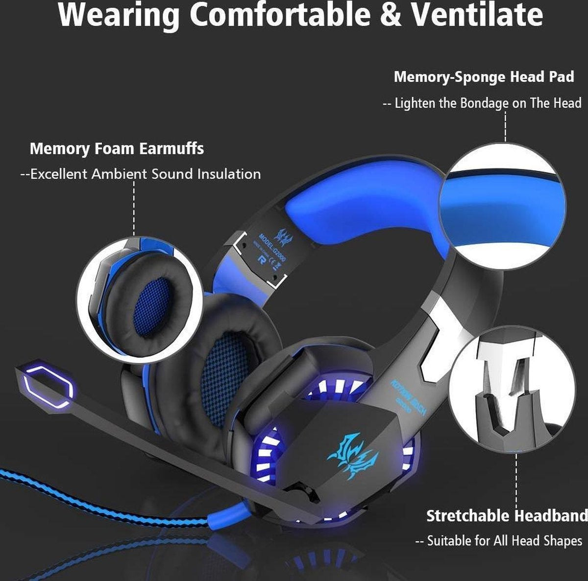 KOTION EACH G2000 Gaming Headset - Zwart/Blauw - Geschikt voor PS5, Xbox Series X, Windows & Switch