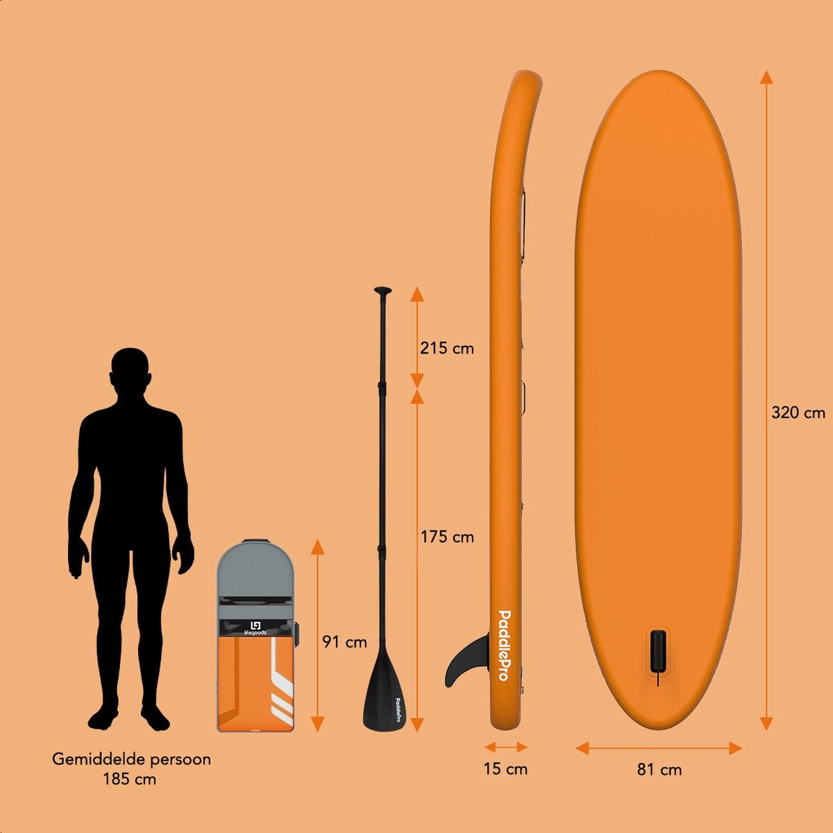 LifeGoods SUP Board - Luxe Set - met Zitje - Opblaasbaar Paddle Board - Max. 135KG - 320x81cm - Oranje