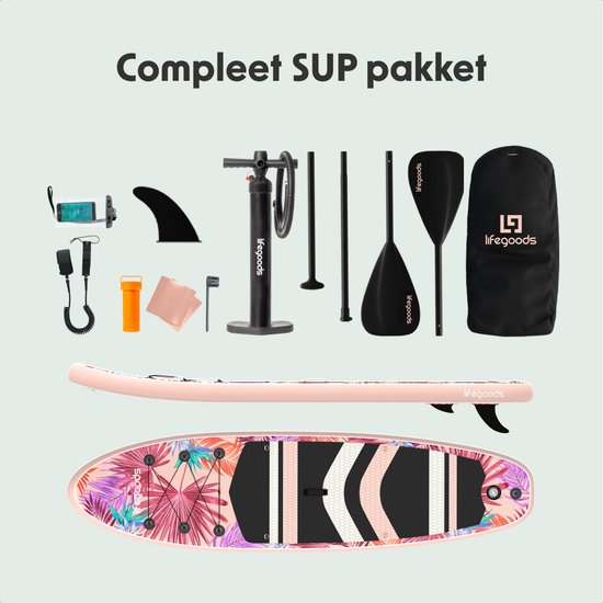 LifeGoods PaddlePro SUP Board - Opblaasbaar Paddle Board - Complete Set - Max. 150KG - 320x81cm - Tropisch Roze