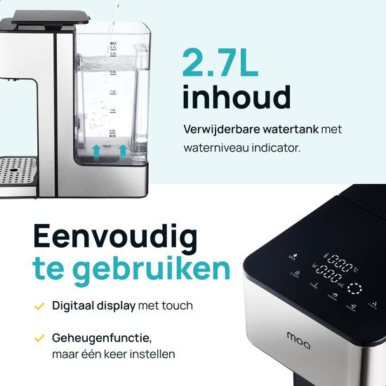 MOA Heetwaterdispenser 2,7L met Temperatuurregeling - 45-100°C - Heetwatertap - Melkfunctie - Instant Waterkoker - BPA-vrij - RVS - Zilver