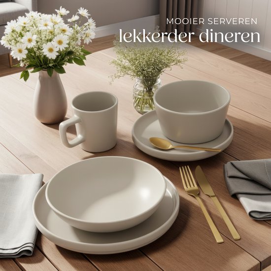 tectake® Serviesset Una - 30-delig - Aardewerk - 6 Persoons - Stijlvol en Duurzaam Servies - Bordenset met Grote en Kleine Borden, Kommen, Schaaltjes