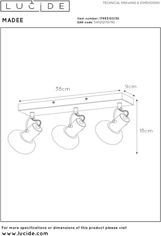 Lucide MADEE - Plafondspot (Plafondlamp) - 3xE14 - Zwart