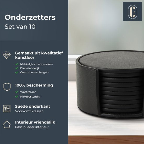 Castagnola Kunstlederen Onderzetters – Onderzetters voor Glazen – Design Onderzetters met Houder – Leren Onderzettersset – Leder – Set van 10 - Zwart