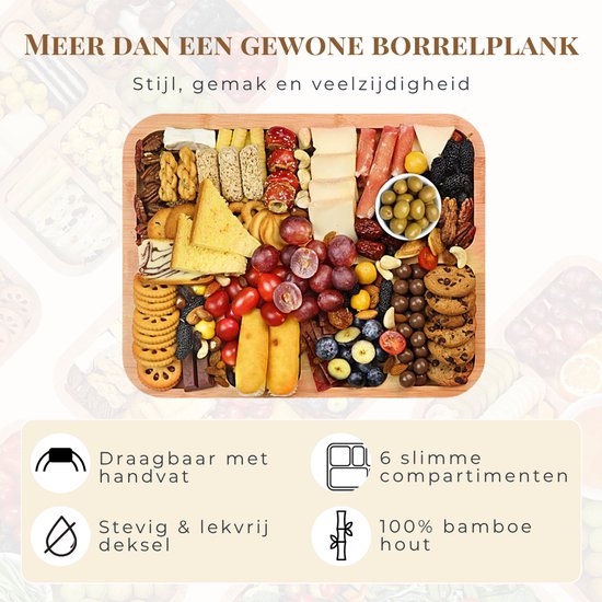 Latium Borrelplank van Bamboe Hout inclusief Deksel met Handvat - Luxe Tapasplank - Serveerplank - Inclusief gratis E-book - Kerstcadeau voor Vrouwen of Mannen