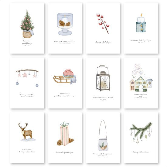 Partizzle 36x Luxe Kerstkaarten met Enveloppen Set - Nieuwjaarskaarten - 2025 Collectie / 12 Ontwerpen