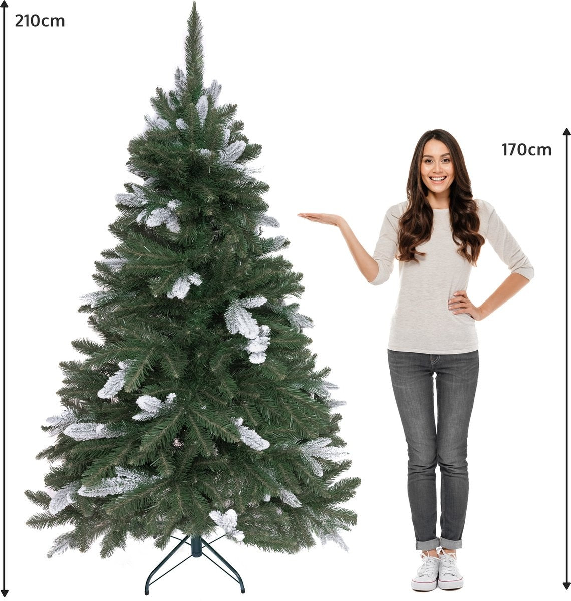 PristinePine Volle Kunstkerstboom met sneeuw 210cm - Stevige kerstboom - Metalen voet - Snel opgezet