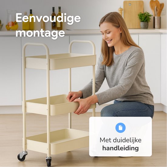 Keuken trolley op Wieltjes - 3 laags - Keukenrek - Serveerwagen - Kastje - Karretje - Opberg - Douche kastjes staand - Rekje - Beige - Luft